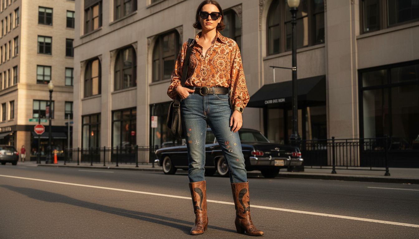 Stylish youth in vintage attire on city street