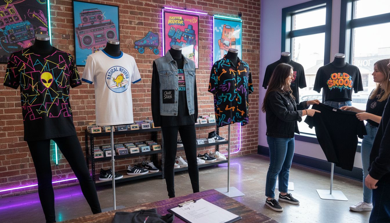 Showroom with five mannequins in retro shirts