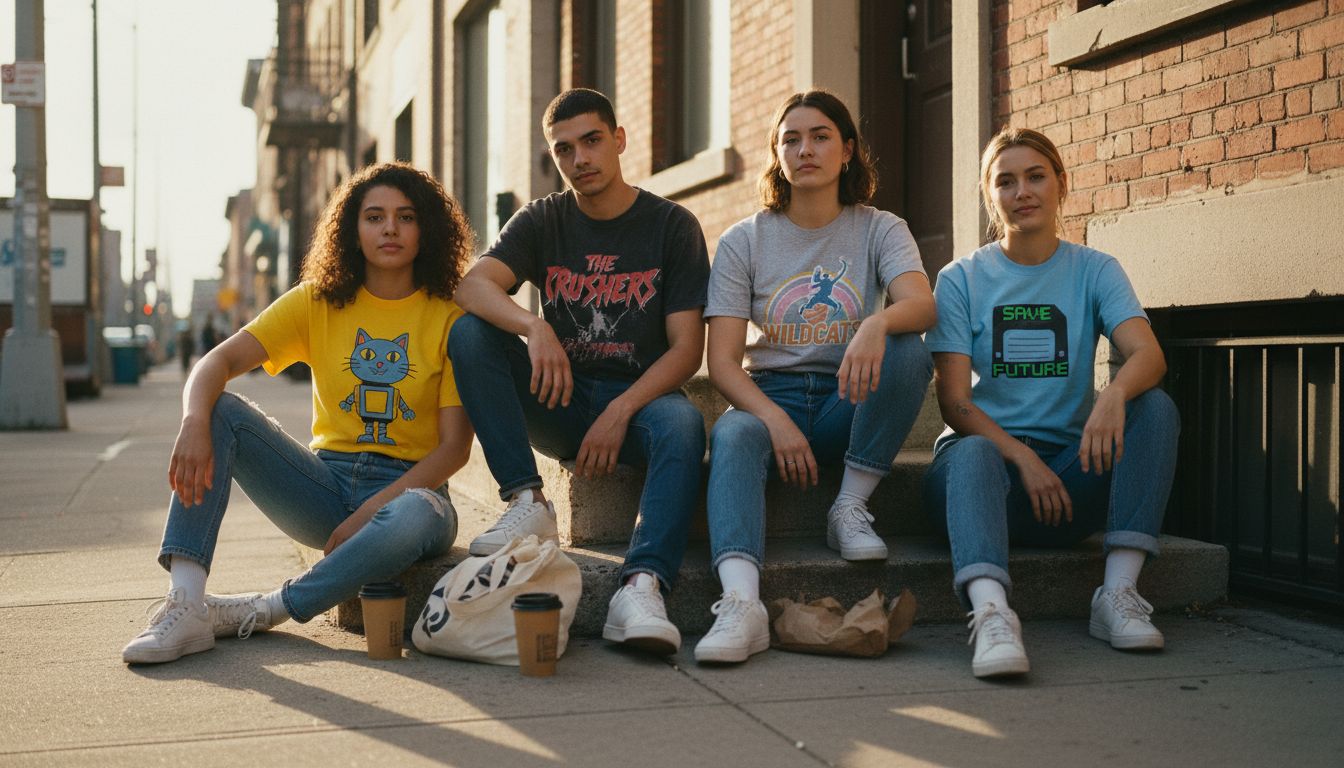 Group wearing various retro tee shirts on city steps