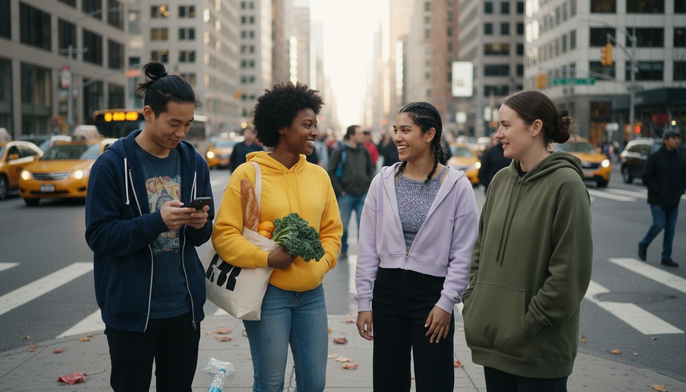 Group wearing different hoodie styles on city street