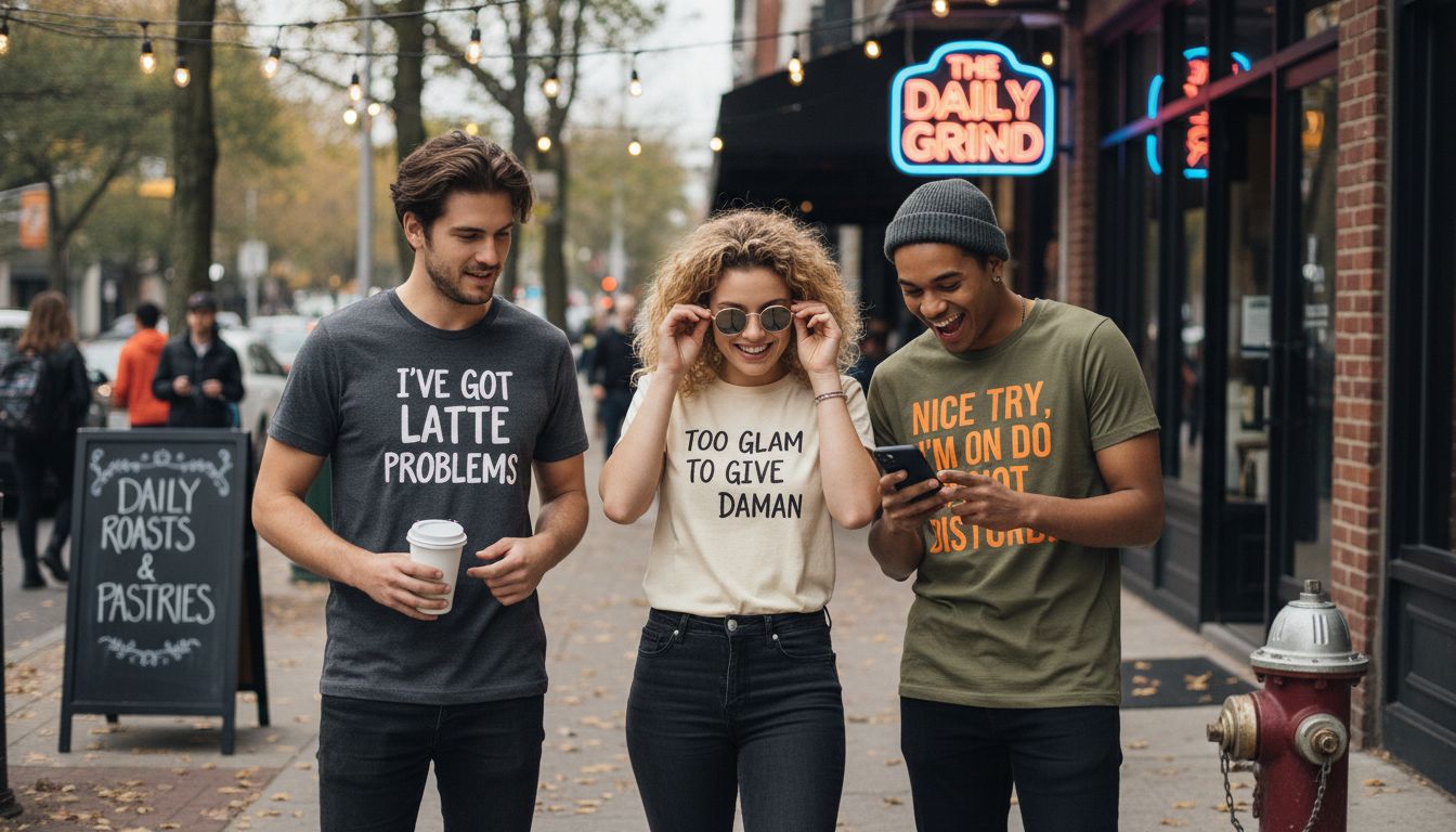 Friends chatting outside café wearing slogan tees