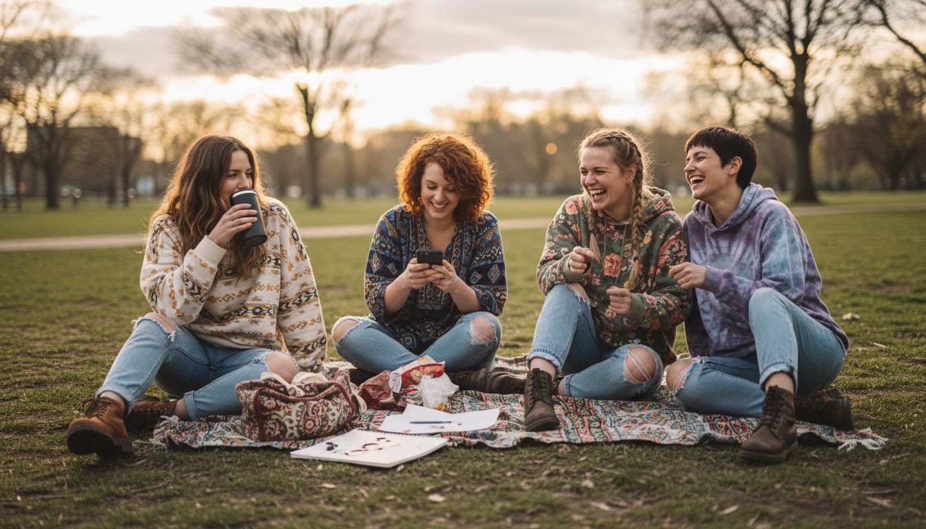 Women relaxing in boho sweatshirts in park