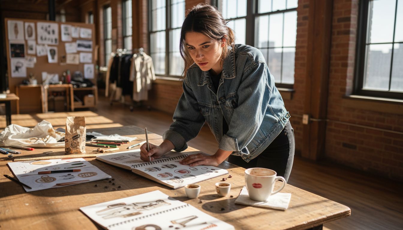 Fashion designer sketching coffee-themed clothes