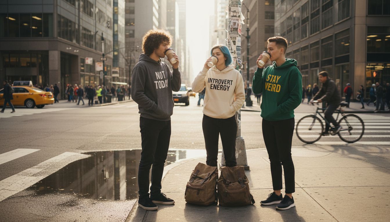 Young adults wearing slogan hoodies in city