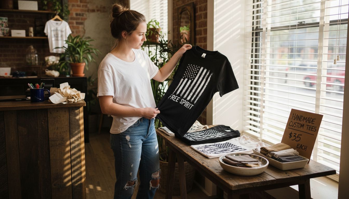 Woman choosing custom t-shirt in boutique