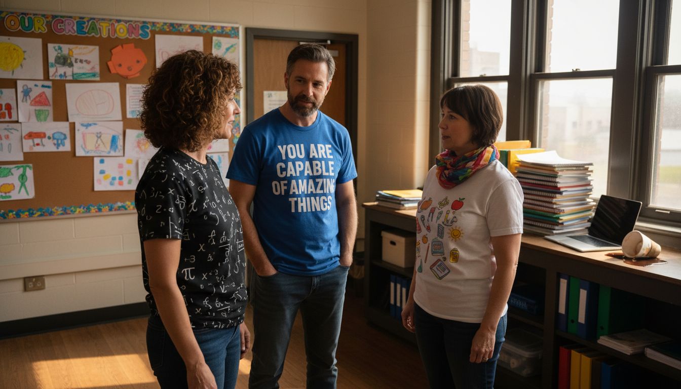 Teachers showcasing trendy graphic shirts