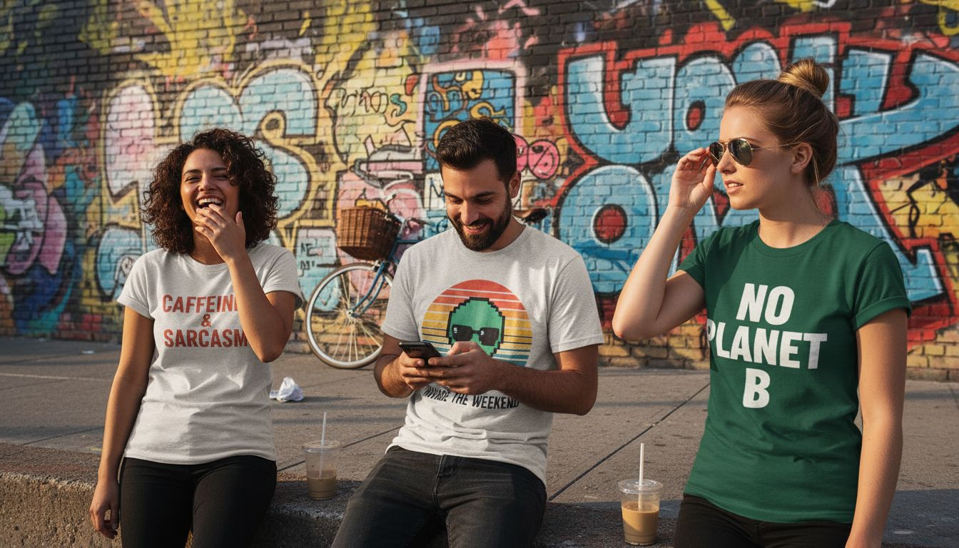 Friends wearing creative slogan T-shirts on city street