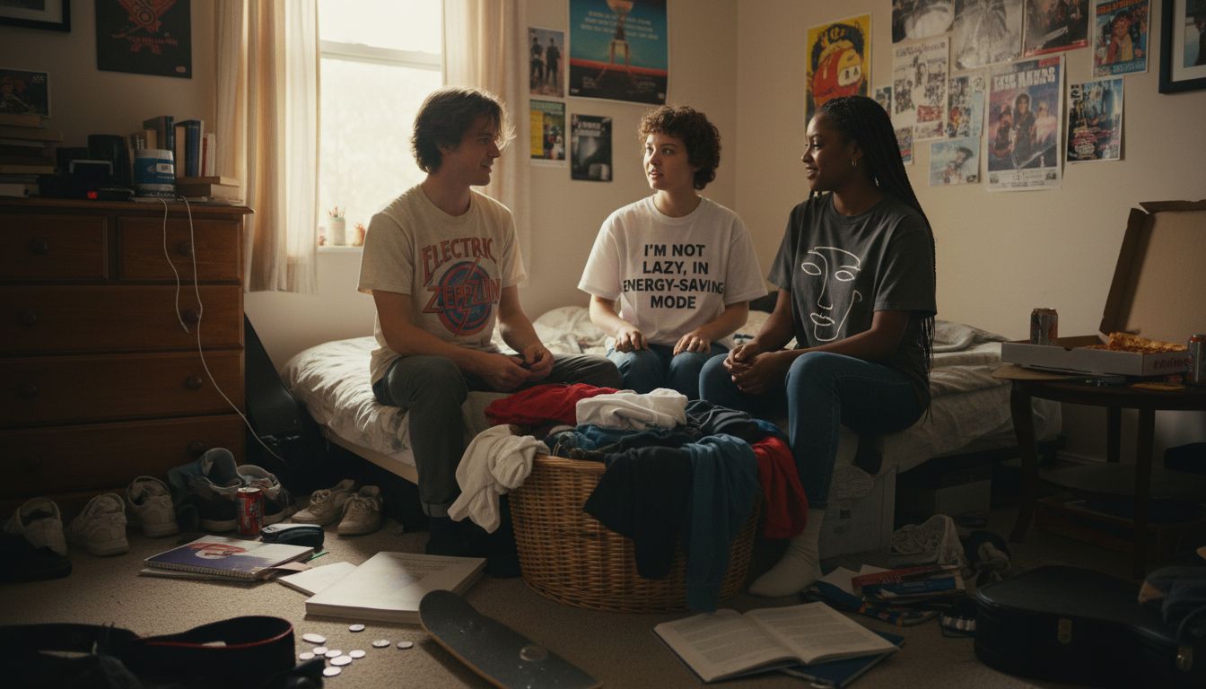 Young adults showing off graphic tees in bedroom