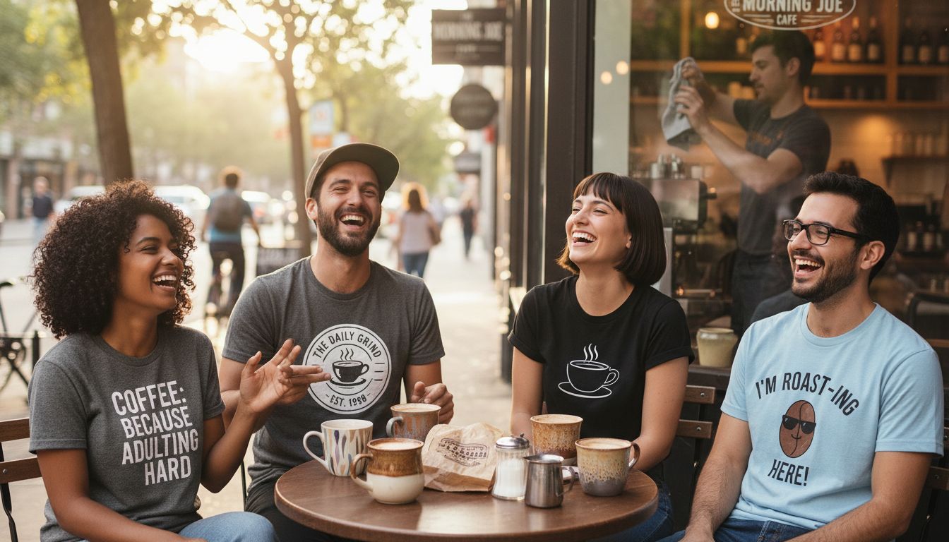 Friends wearing coffee tees at urban café table