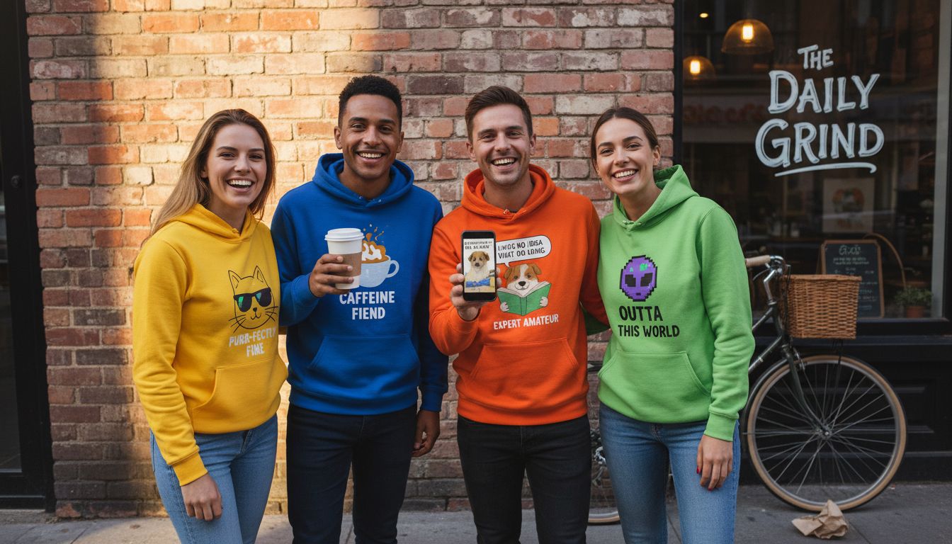 Friends laughing and wearing creative funny hoodies