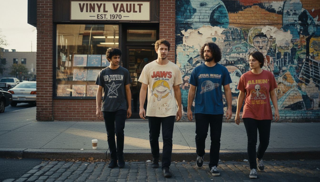 People wearing graphic tees outside record store