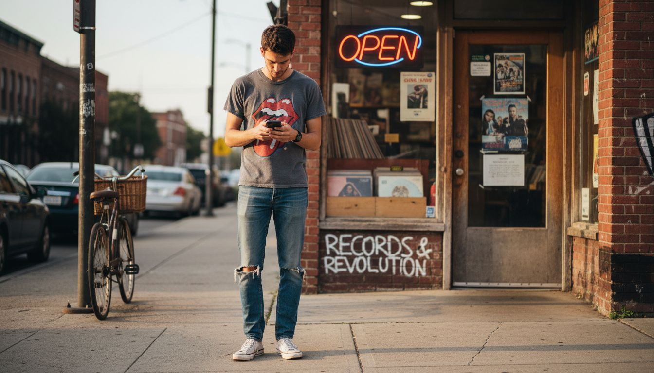 Man in retro graphic tee outside record shop