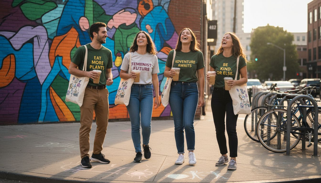 Friends wearing statement tees in urban street scene