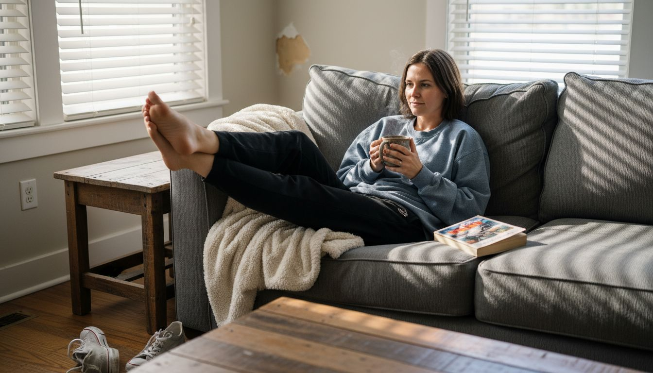 Woman relaxing in soft sweatshirt on sofa
