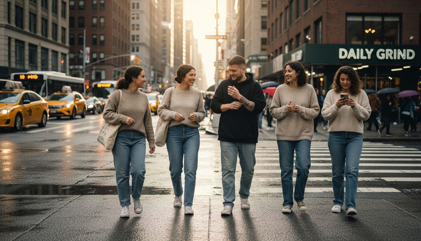 Group in gender-neutral clothing on city street
