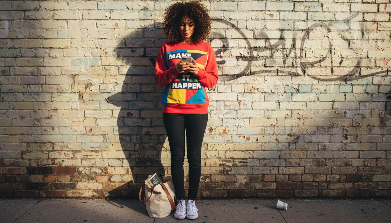 Woman in statement sweatshirt with checklist by brick wall