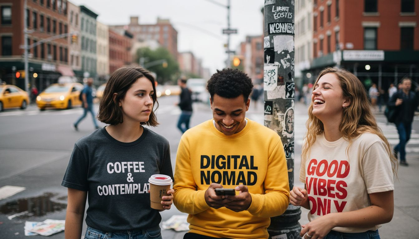 Friends outside laughing in statement shirts