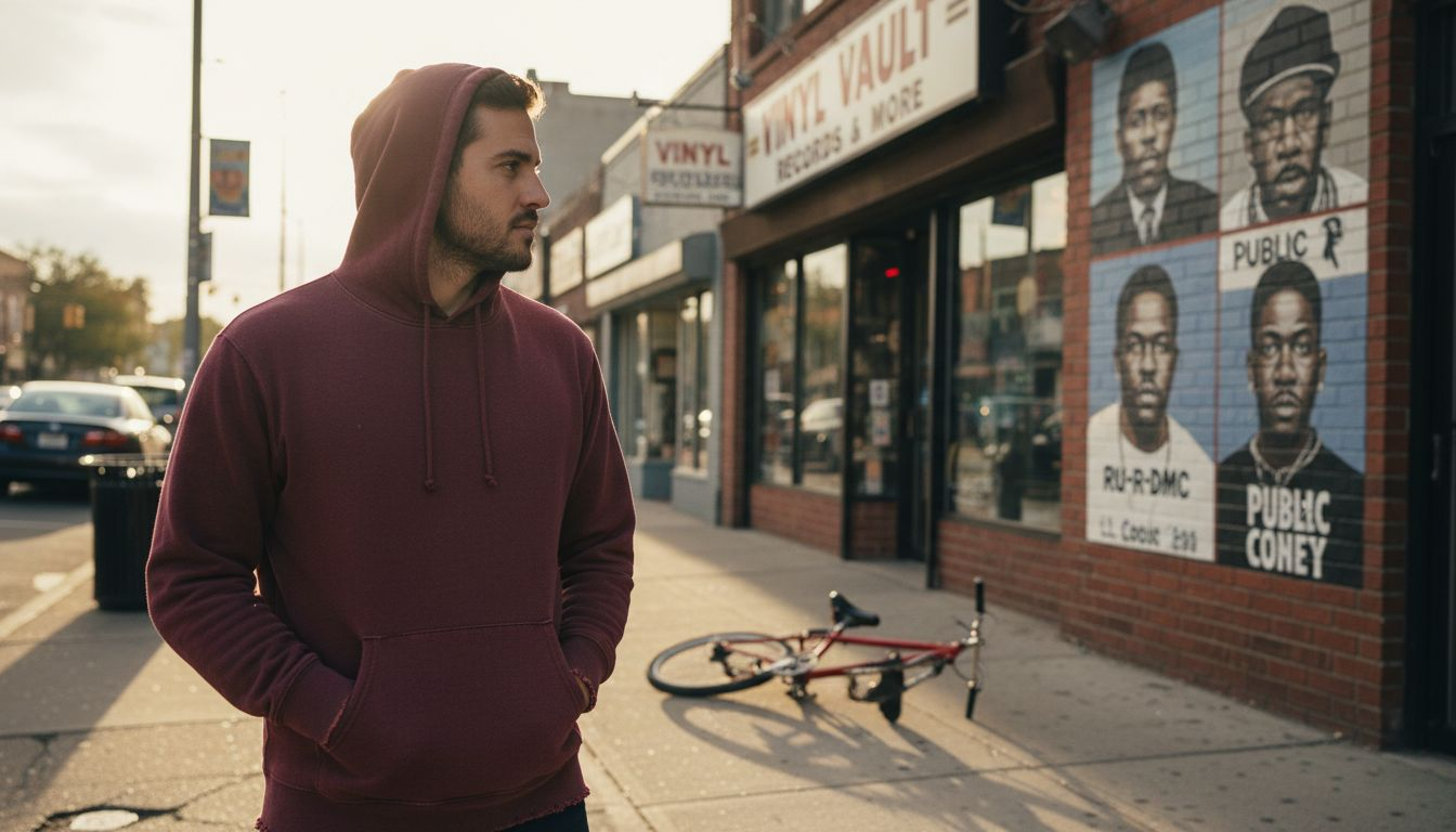 Man in worn hoodie outside retro record store