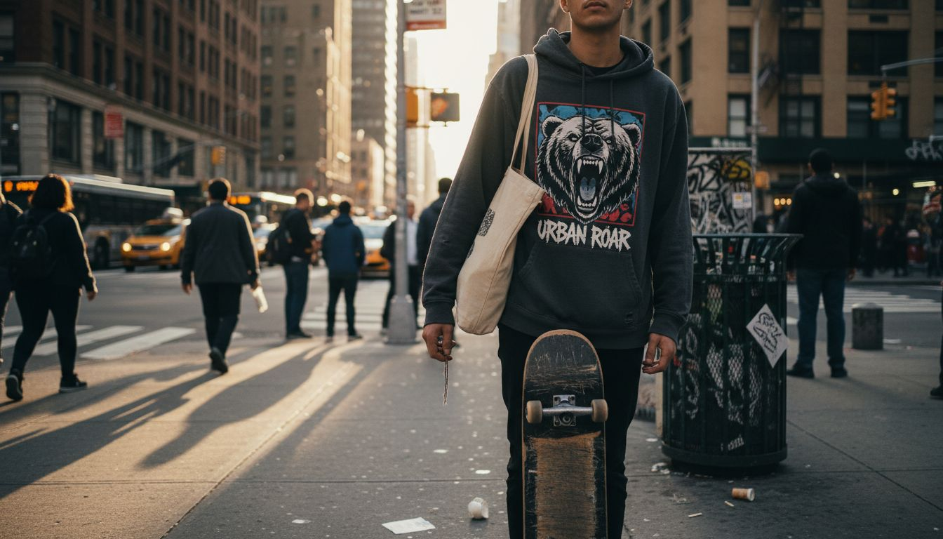 Urban youth in statement hoodie with city street background