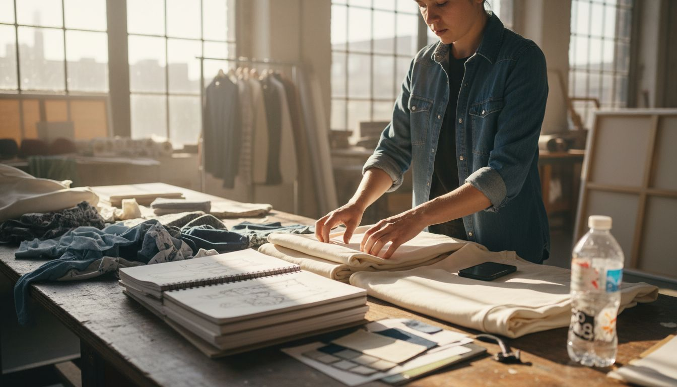 Designer preparing graphic sweatshirt workspace