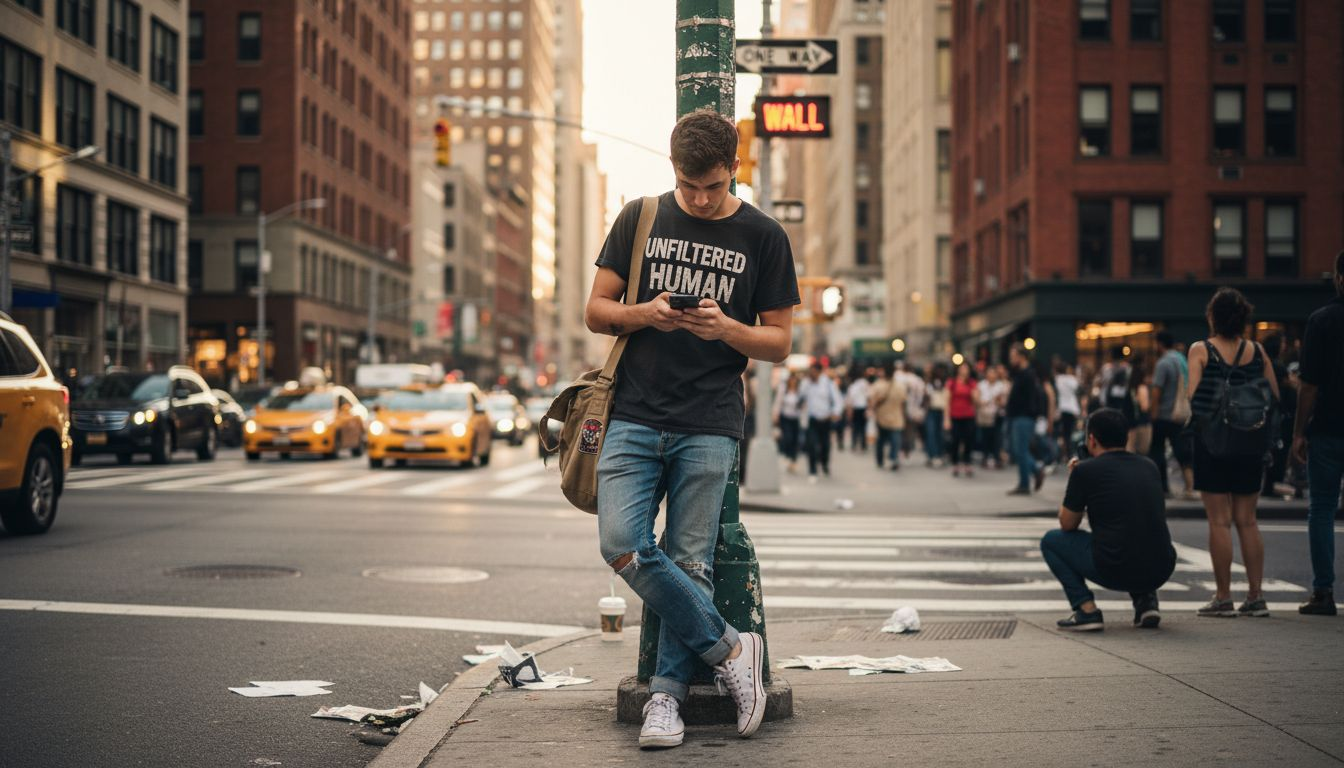 Person in statement tee on busy city street