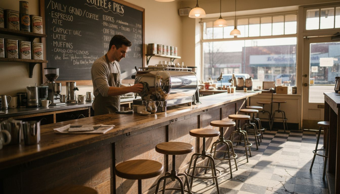 Vintage coffee shop barista at espresso machine
