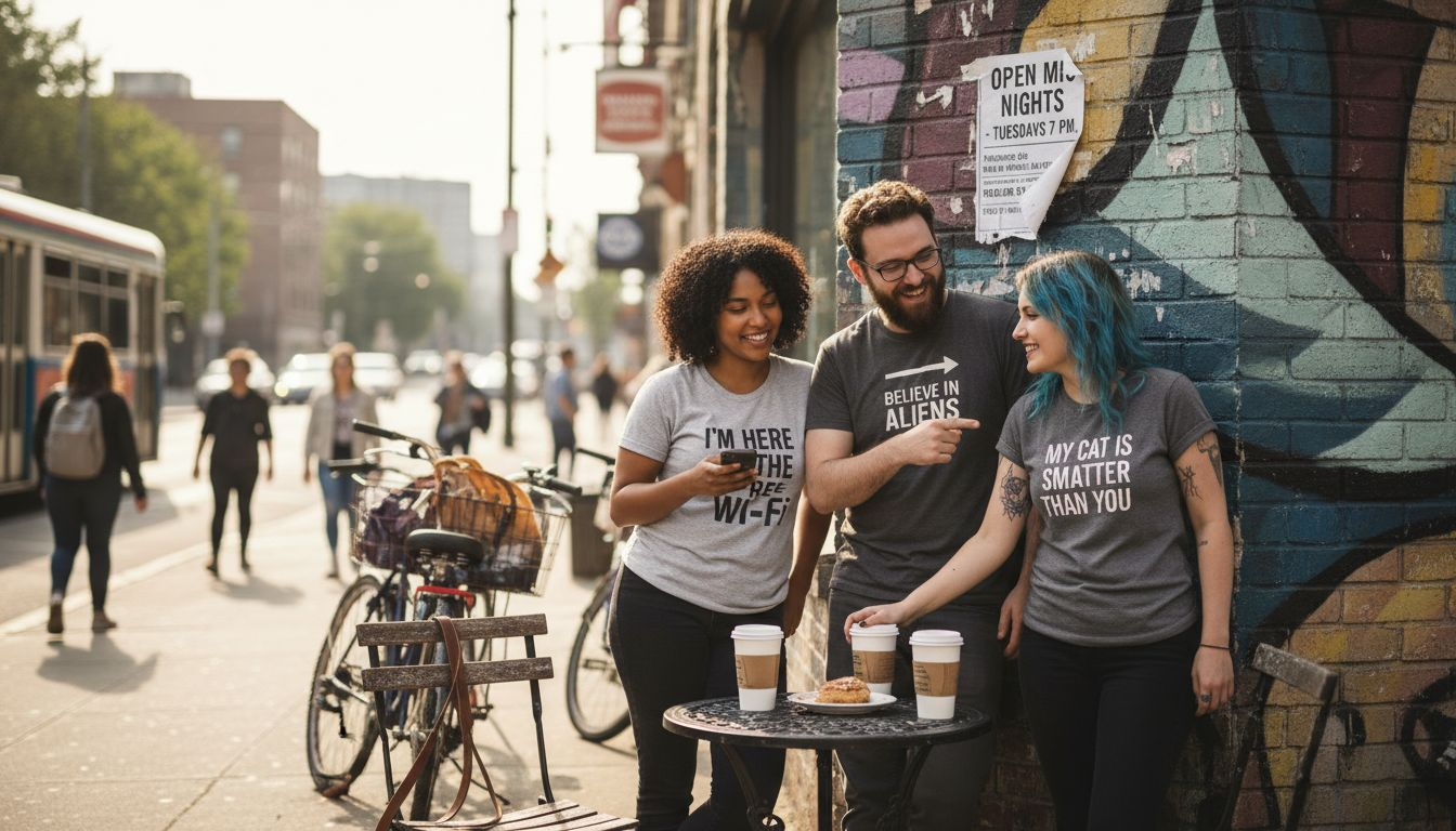 Group showing graphic tees outside coffee shop