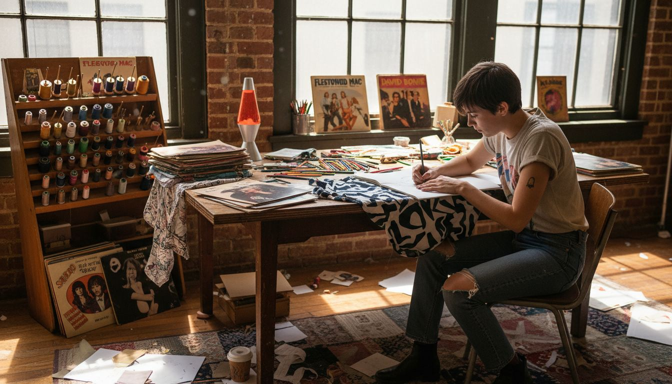 Designer working in retro graphic tee studio