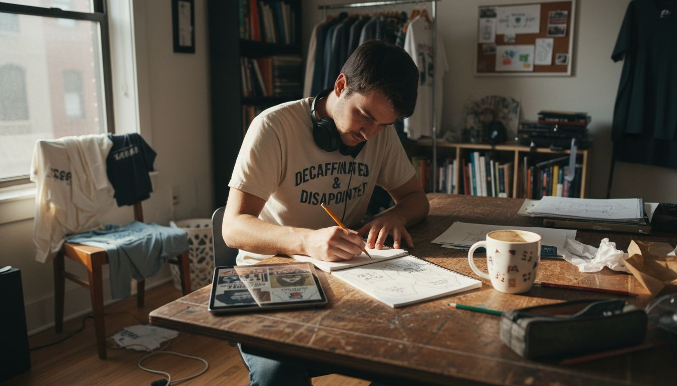 Designer brainstorming witty shirt ideas workspace