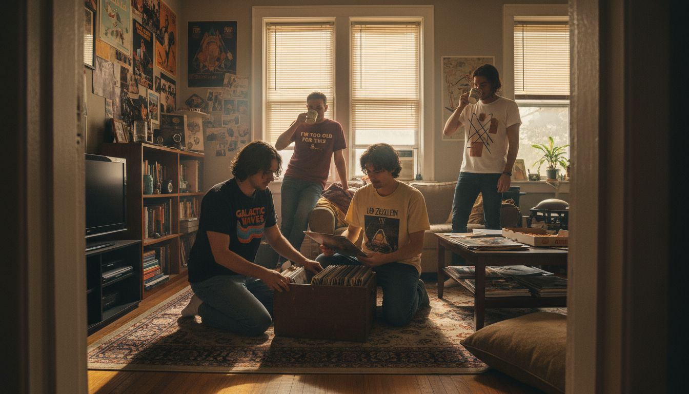 Friends wearing different pop culture graphic tees