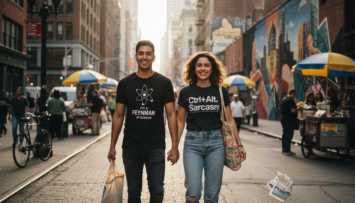 People wearing witty tees on urban street