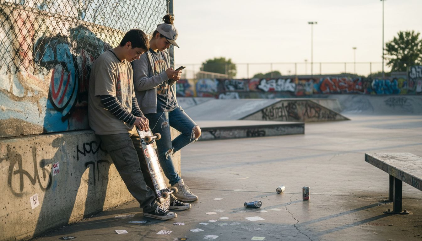 Teens in streetwear tees at urban skate park