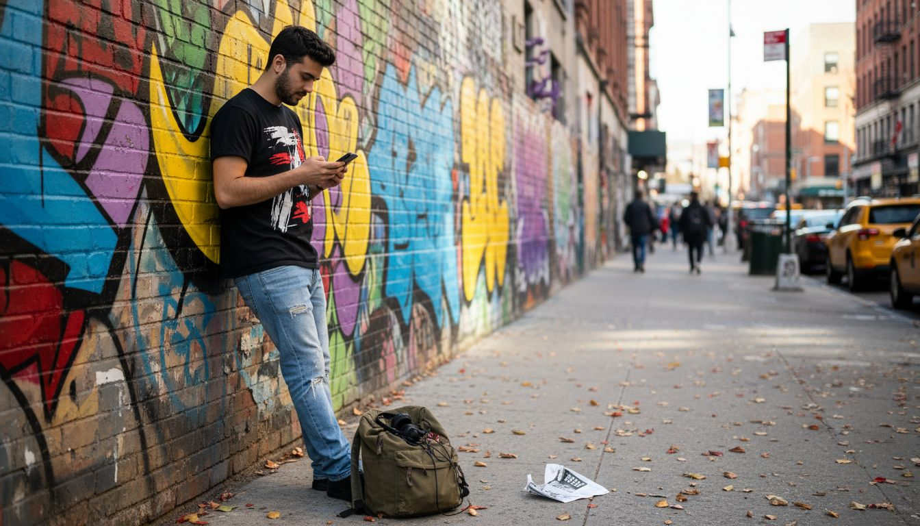 Man wearing graphic tee on city sidewalk