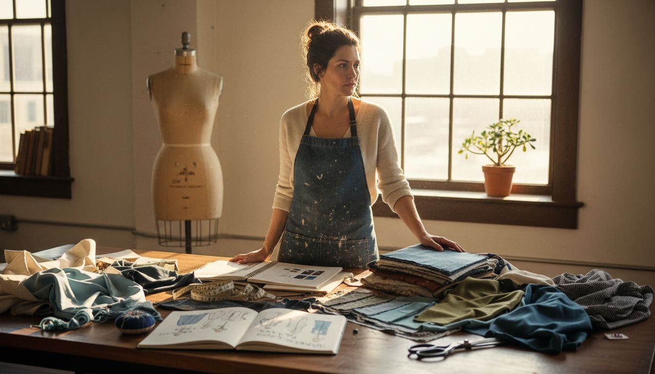 Designer at studio table with sketches and fabrics