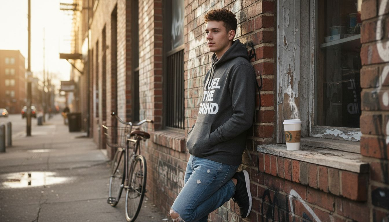 Person wearing slogan hoodie outside café