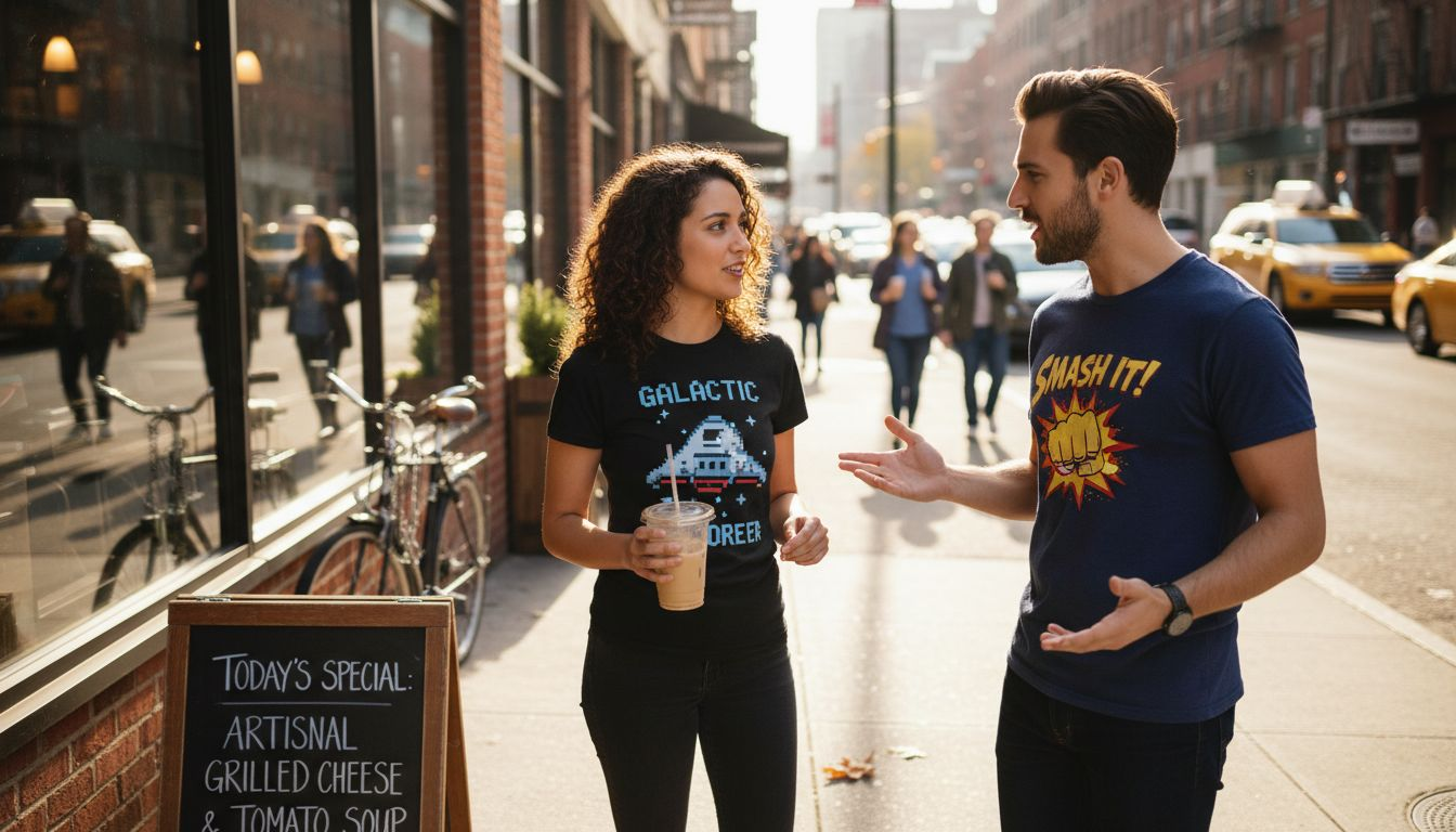 Friends chatting while wearing graphic tees