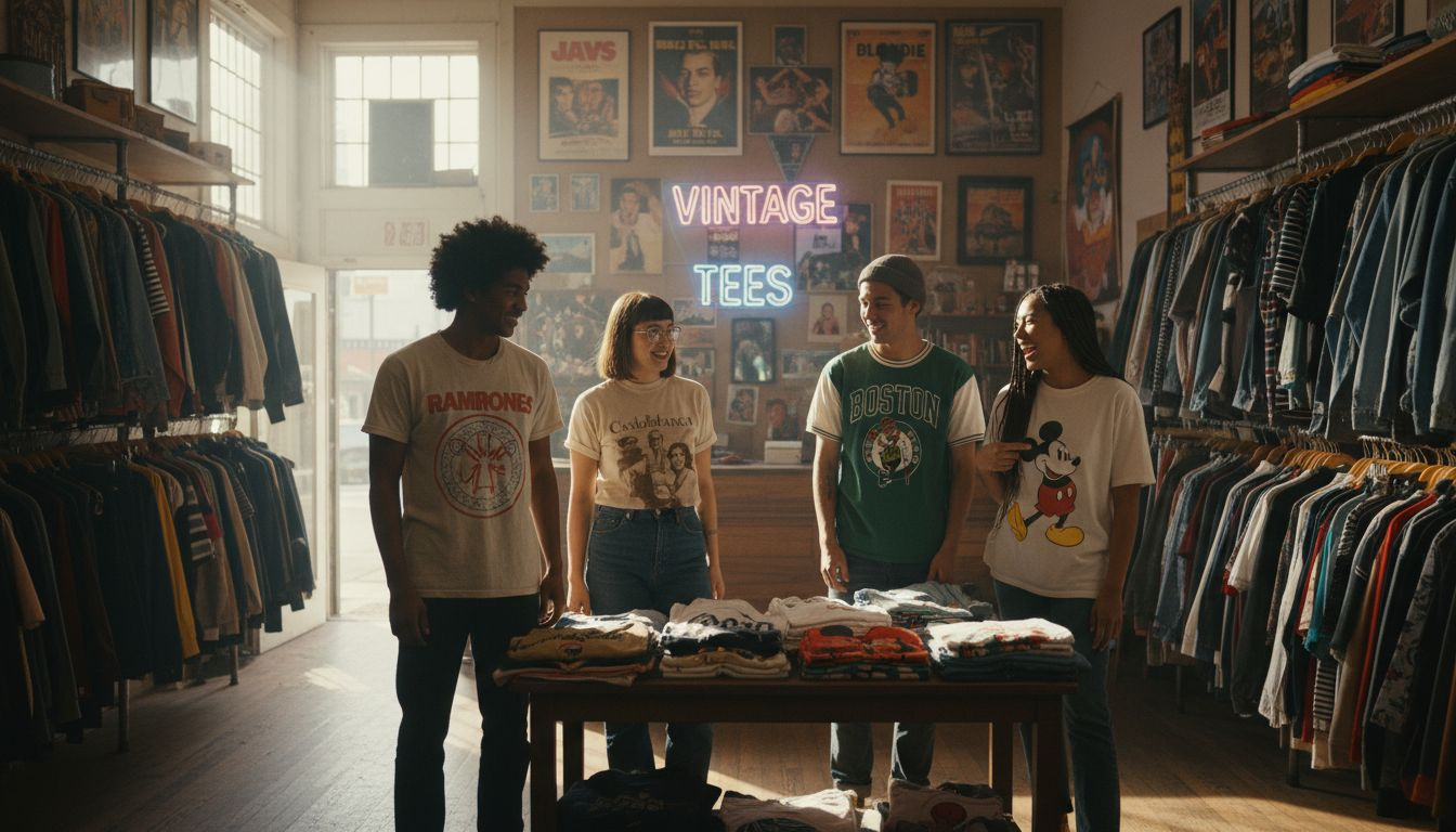 People in shop wearing vintage graphic t-shirts