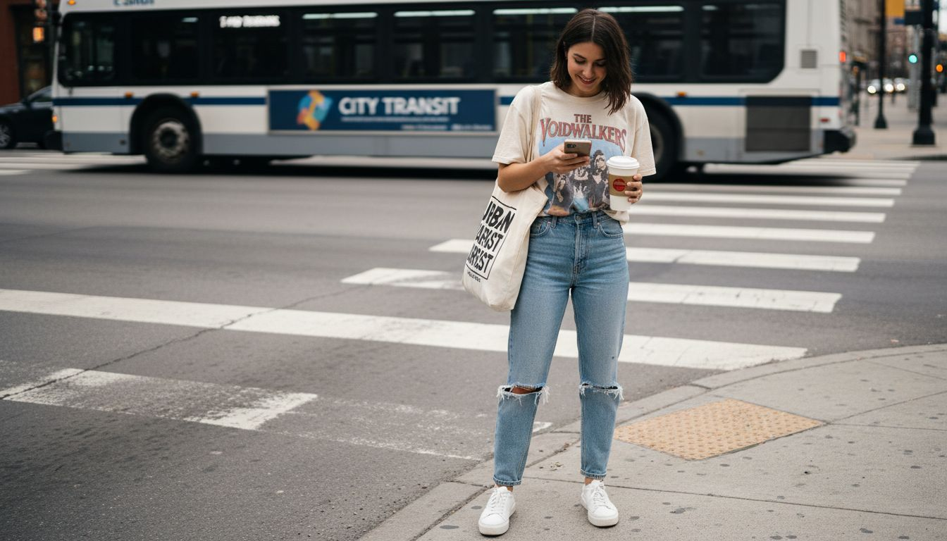 Woman wearing graphic tee at city crosswalk