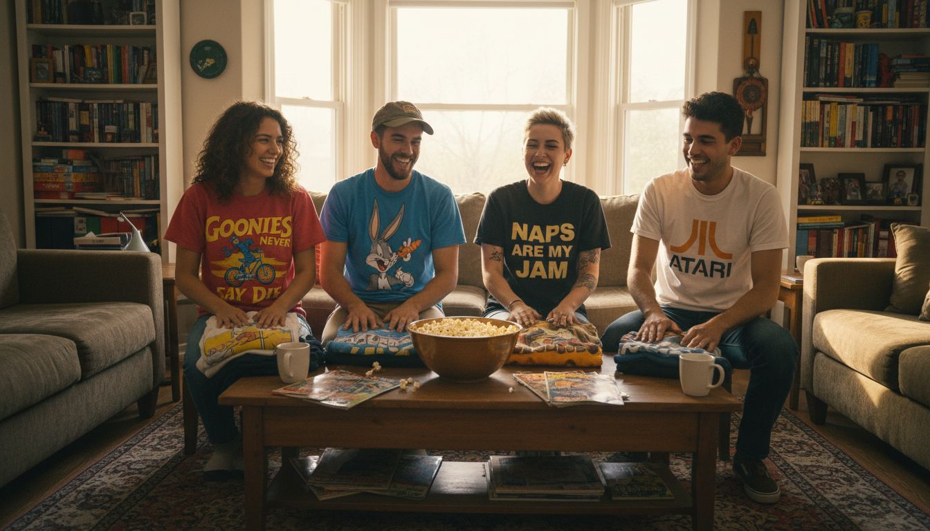 Friends in vintage pop culture tees folding nostalgic shirts