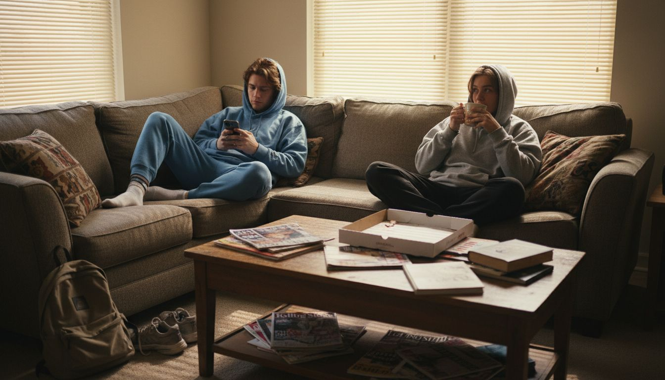 College friends lounging in hoodies at home