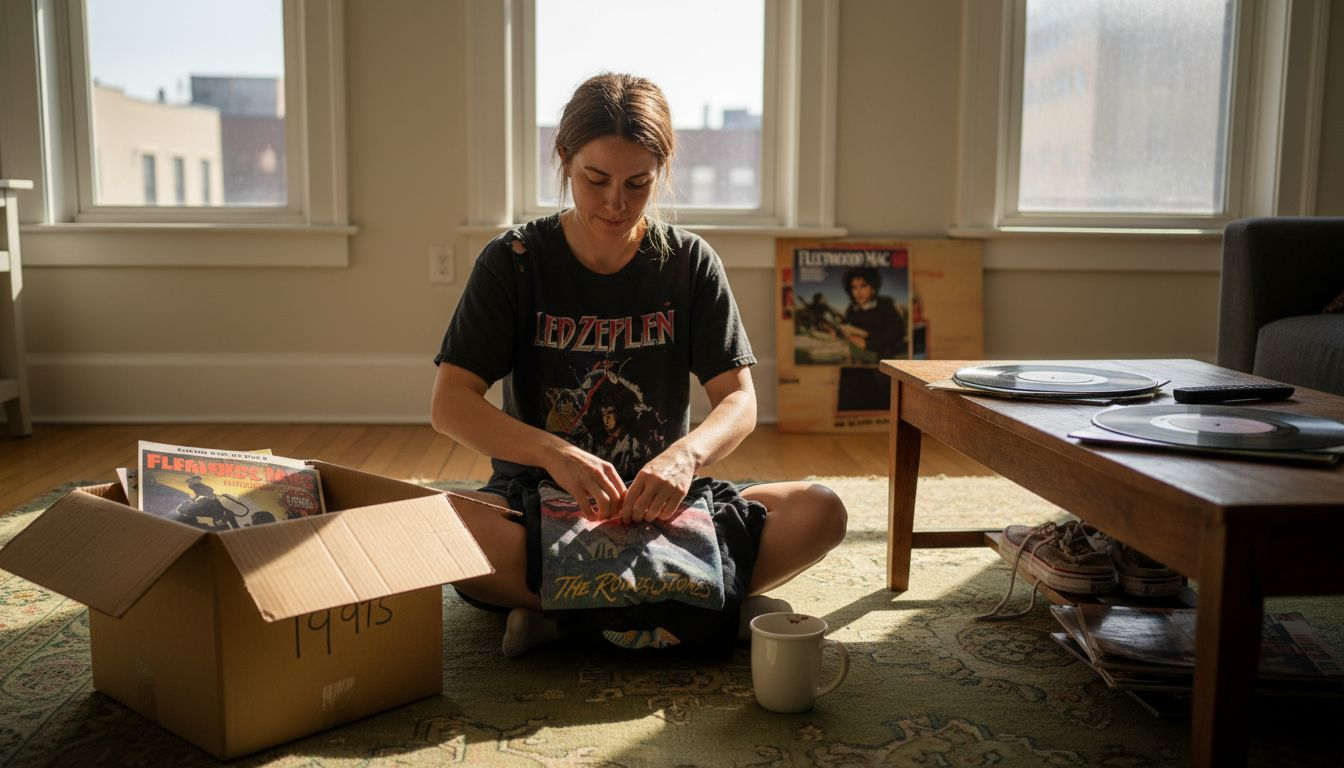 Woman folding vintage tees at home