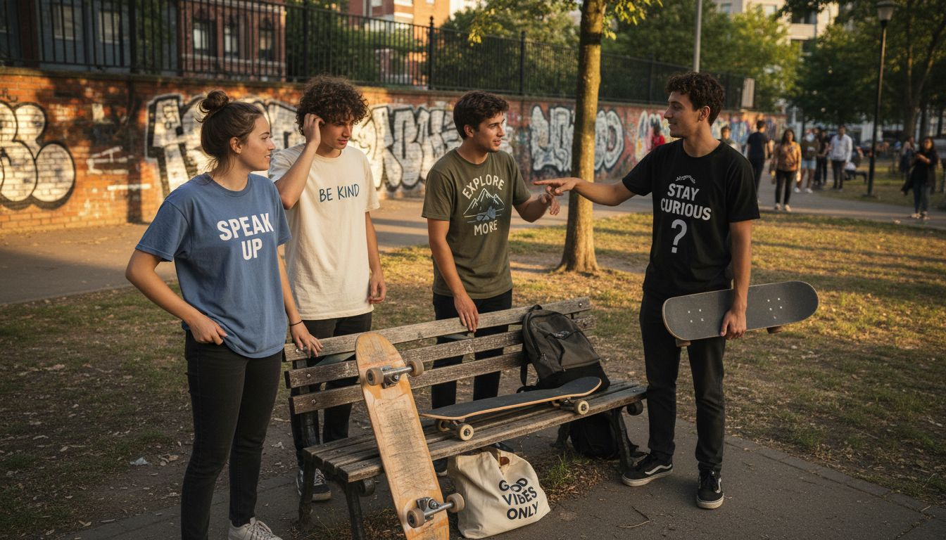 Group wearing diverse slogan t-shirts in park
