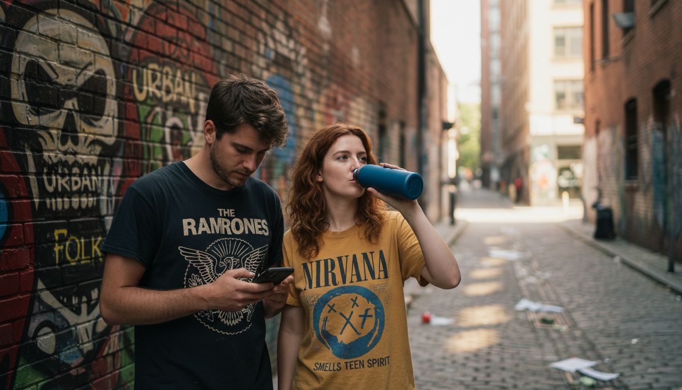 Young adults wear retro t-shirts downtown