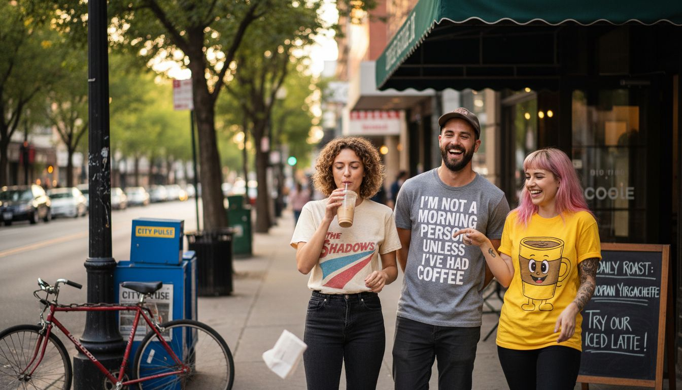 Friends laughing in graphic tees on city street