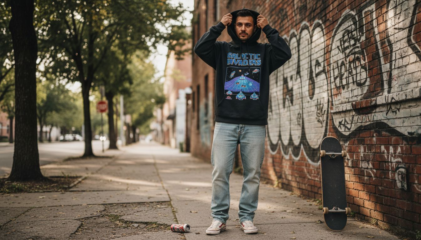 Man styling retro graphic hoodie outdoors