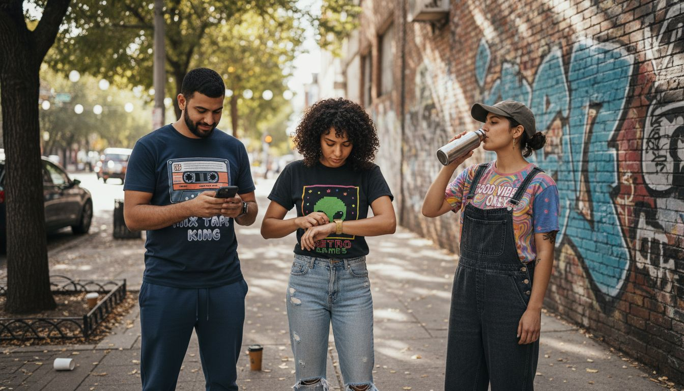 Millennials in retro graphic tees on city street