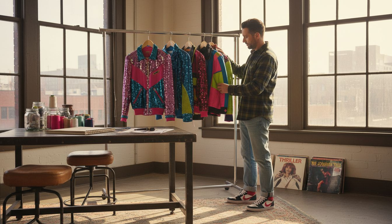 Designer arranging retro jackets in studio