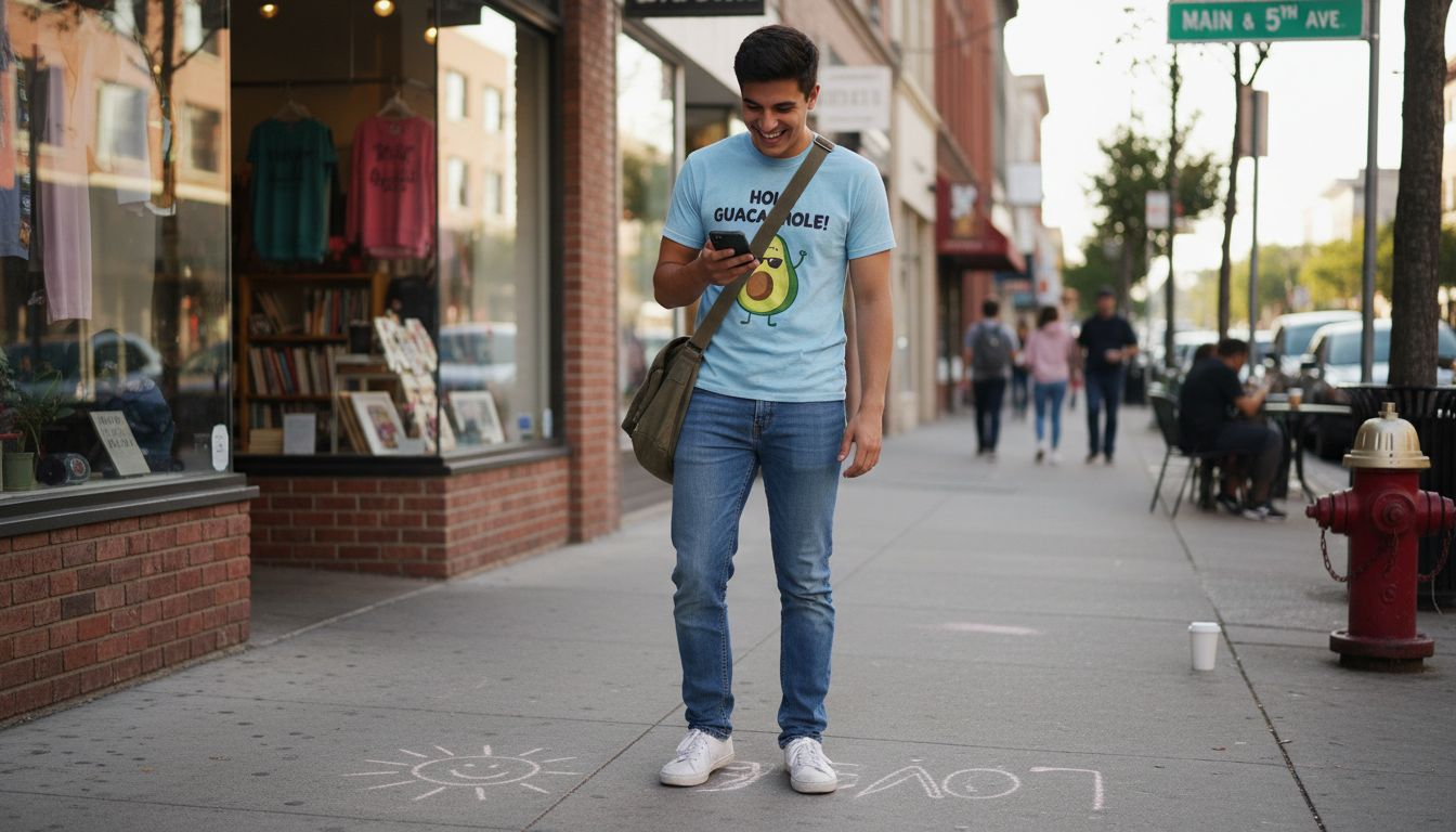Person wearing playful tee on city sidewalk
