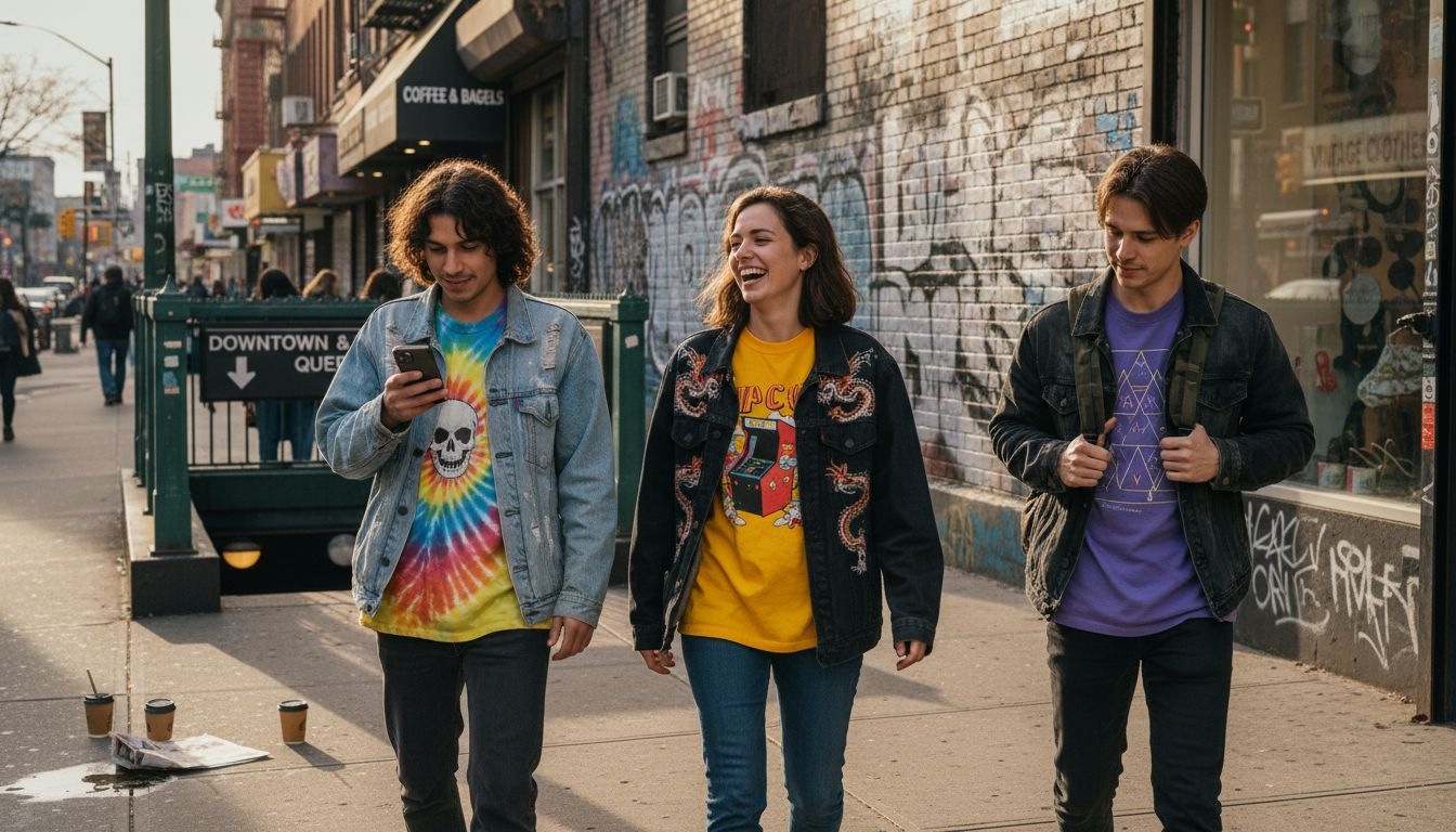 Group wearing graphic tees on city sidewalk