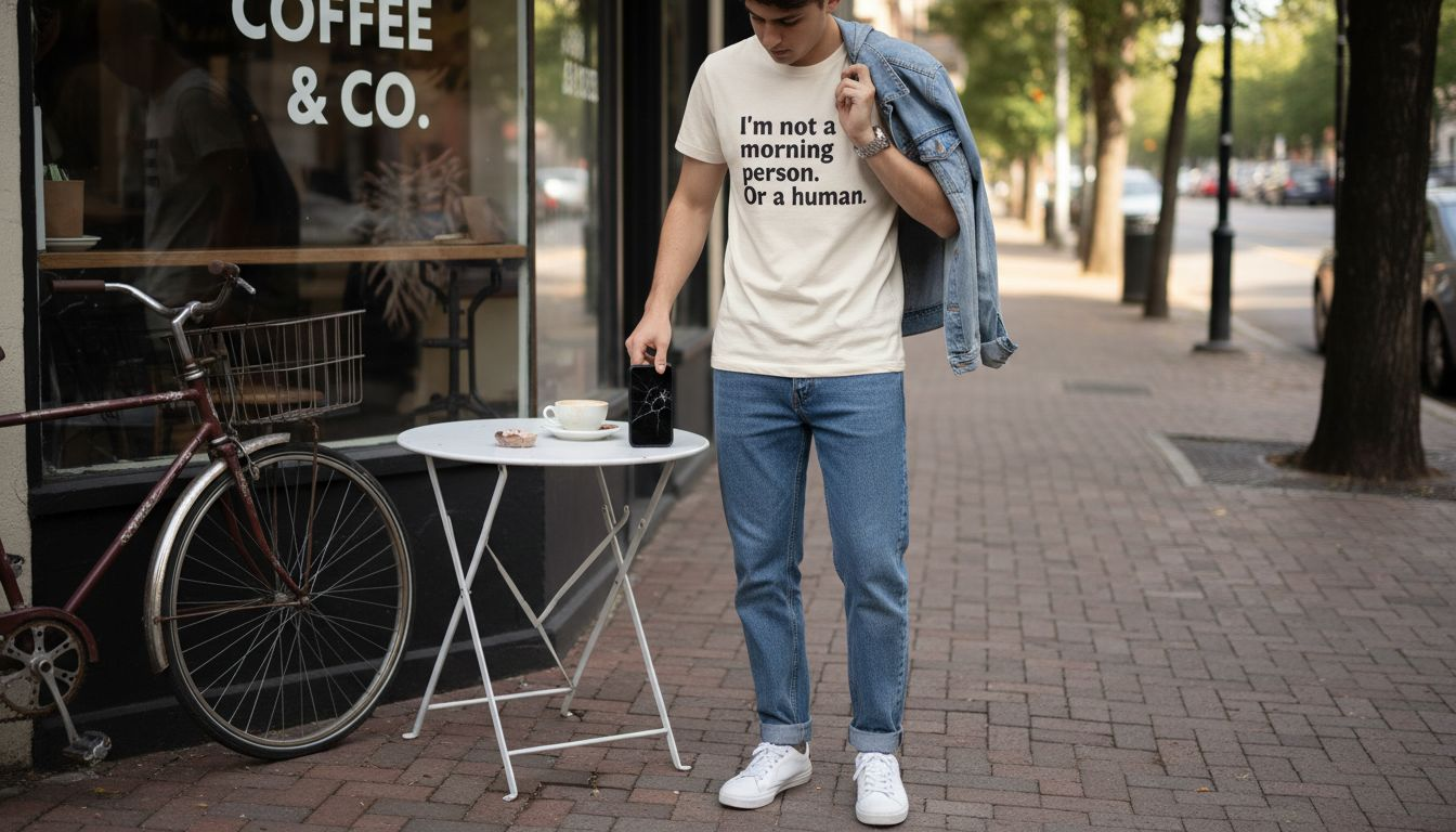 Person matching witty tee with jeans outdoors
